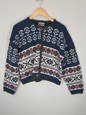 Vintage Rey Wear 100% Wool Hand Knit Cardigan Bolivia | Fair Isle Nordic Pattern
